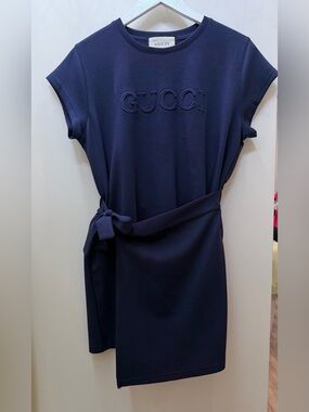 Gucci Navy Embossed Logo Belted Mini Dress